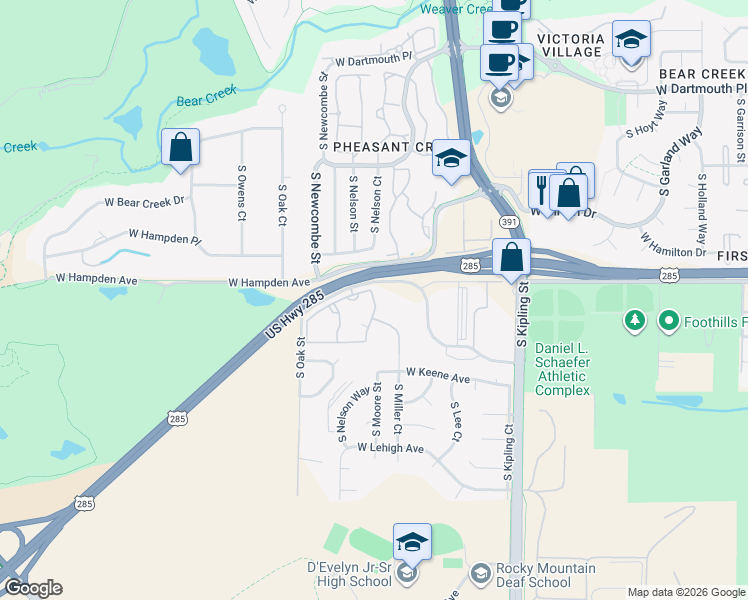 map of restaurants, bars, coffee shops, grocery stores, and more near 3505 South Nelson Circle in Lakewood