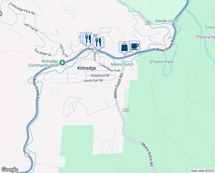 map of restaurants, bars, coffee shops, grocery stores, and more near 26162 Grateful Way in Kittredge