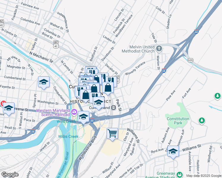 map of restaurants, bars, coffee shops, grocery stores, and more near in Cumberland