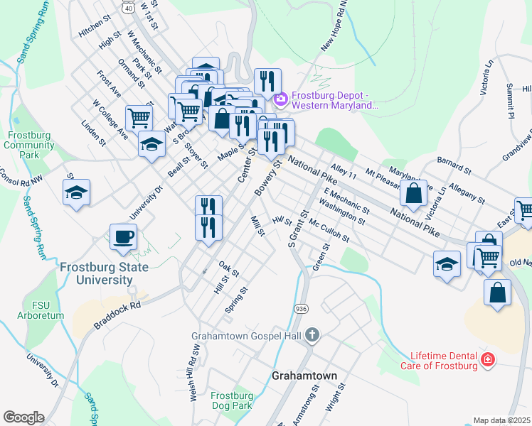 map of restaurants, bars, coffee shops, grocery stores, and more near 8 Mill Street in Frostburg