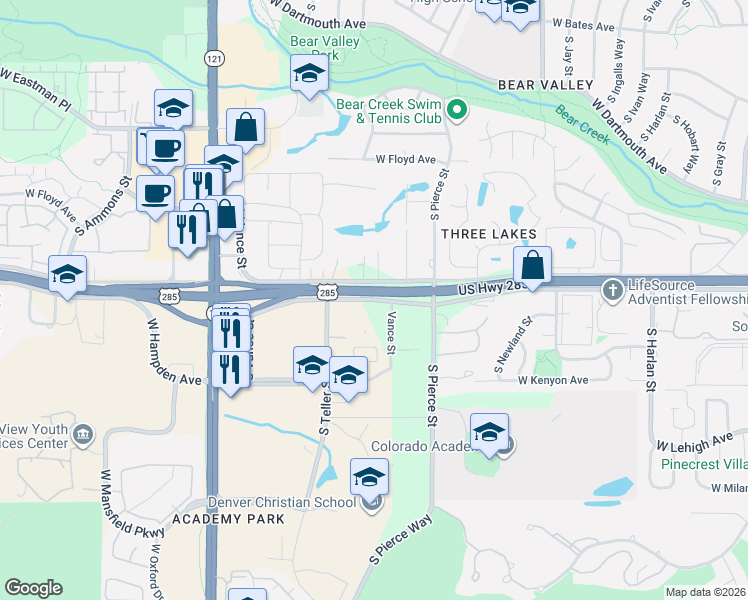 map of restaurants, bars, coffee shops, grocery stores, and more near 7180 West Hampden Avenue in Denver