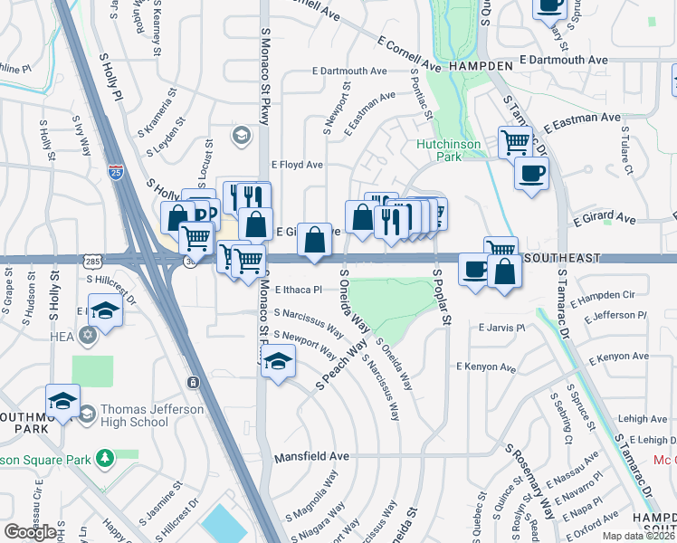 map of restaurants, bars, coffee shops, grocery stores, and more near 6780 East Hampden Avenue in Denver