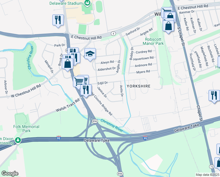 map of restaurants, bars, coffee shops, grocery stores, and more near 10 Kitty Lane in Newark