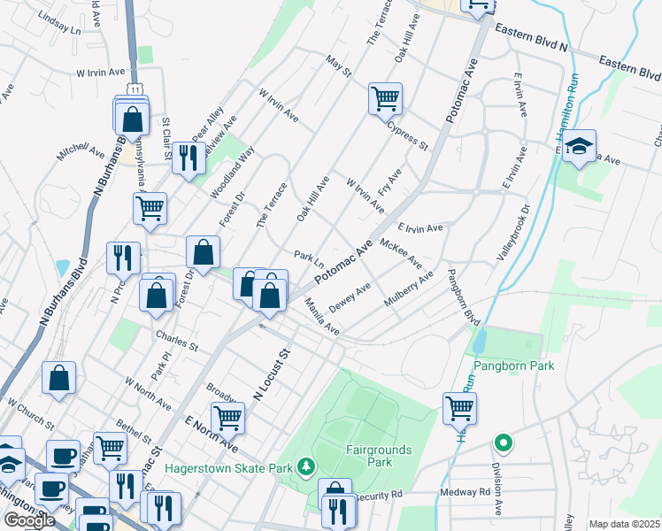 map of restaurants, bars, coffee shops, grocery stores, and more near 901 Potomac Avenue in Hagerstown