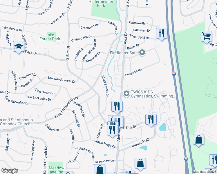 map of restaurants, bars, coffee shops, grocery stores, and more near 1326 Black Forest Drive in Dayton