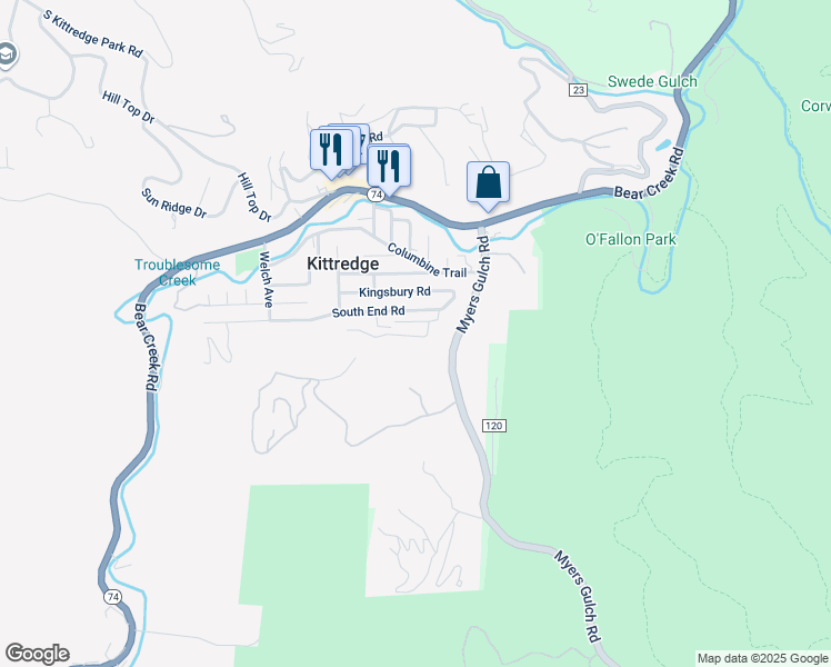 map of restaurants, bars, coffee shops, grocery stores, and more near 26162 Grateful Way in Kittredge