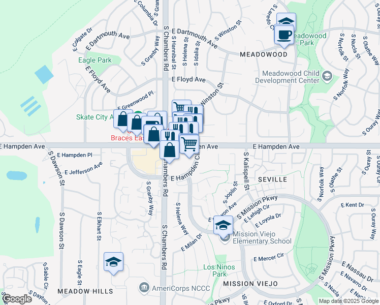 map of restaurants, bars, coffee shops, grocery stores, and more near 15442 East Hampden Avenue in Aurora