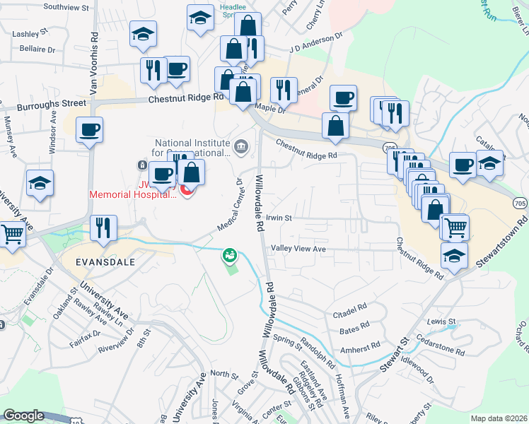 map of restaurants, bars, coffee shops, grocery stores, and more near 953 Irwin Street in Morgantown