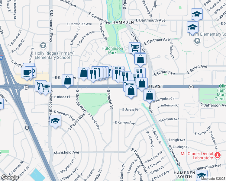 map of restaurants, bars, coffee shops, grocery stores, and more near 7200 East Hampden Avenue in Denver