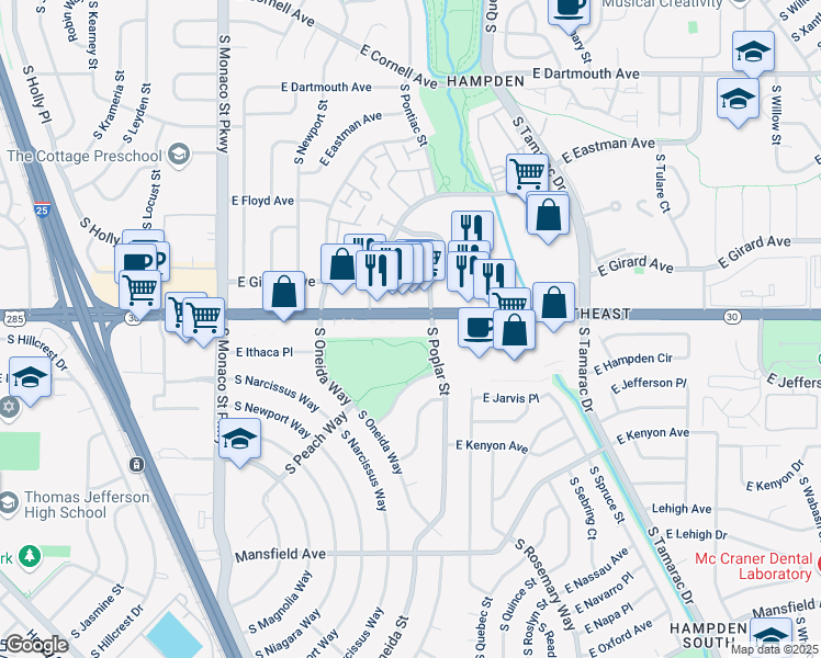 map of restaurants, bars, coffee shops, grocery stores, and more near 7180 East Hampden Avenue in Denver