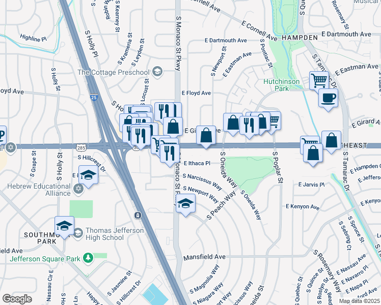 map of restaurants, bars, coffee shops, grocery stores, and more near 6630 East Hampden Avenue in Denver