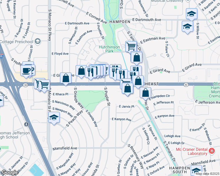 map of restaurants, bars, coffee shops, grocery stores, and more near 7200 East Hampden Avenue in Denver