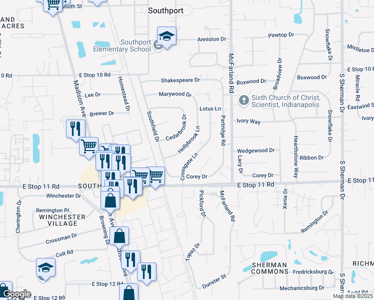 map of restaurants, bars, coffee shops, grocery stores, and more near 7781 Hollybrook Lane in Southport