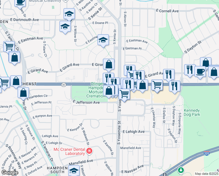 map of restaurants, bars, coffee shops, grocery stores, and more near 8800 East Hampden Avenue in Denver