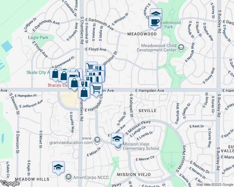 map of restaurants, bars, coffee shops, grocery stores, and more near 3512 S Jasper Way in Aurora