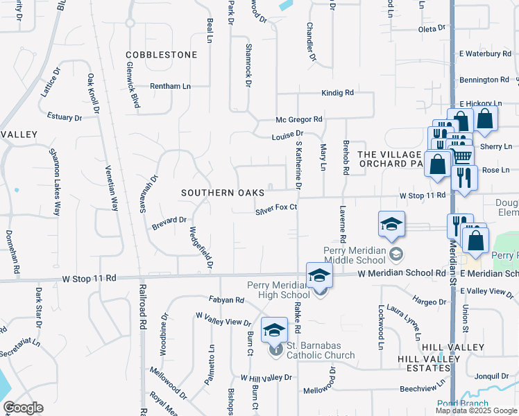 map of restaurants, bars, coffee shops, grocery stores, and more near 618 Silver Fox Court in Indianapolis