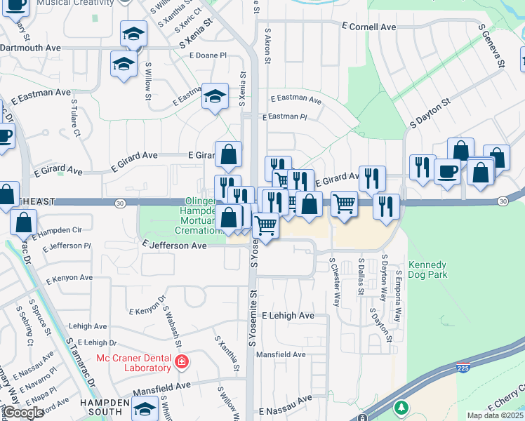 map of restaurants, bars, coffee shops, grocery stores, and more near 3540 South Yosemite Street in Denver