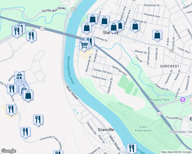 map of restaurants, bars, coffee shops, grocery stores, and more near 224 Sherwood Street in Star City
