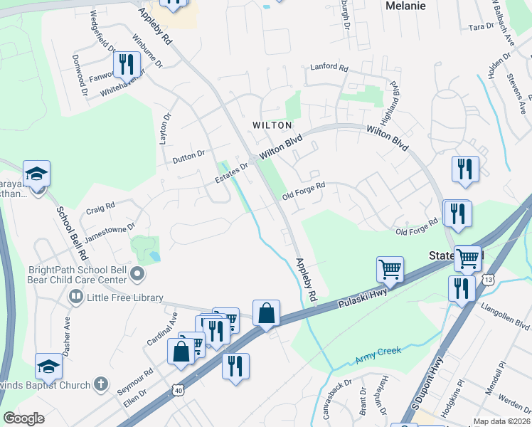 map of restaurants, bars, coffee shops, grocery stores, and more near 4 Evlon Court in New Castle