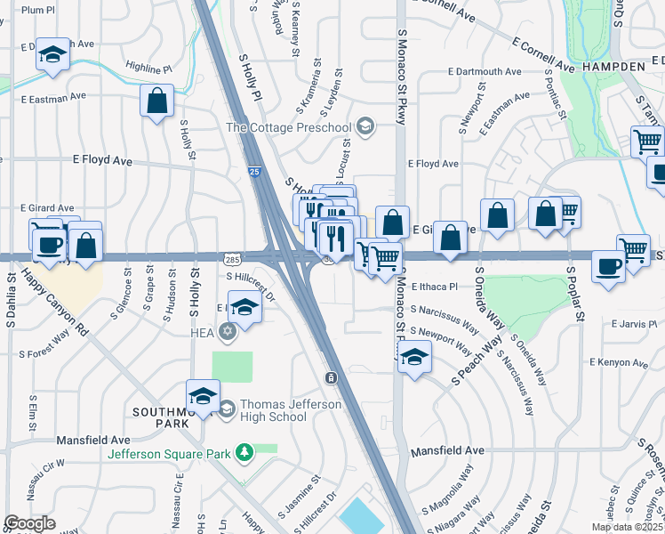map of restaurants, bars, coffee shops, grocery stores, and more near 6302 East Hampden Avenue in Denver