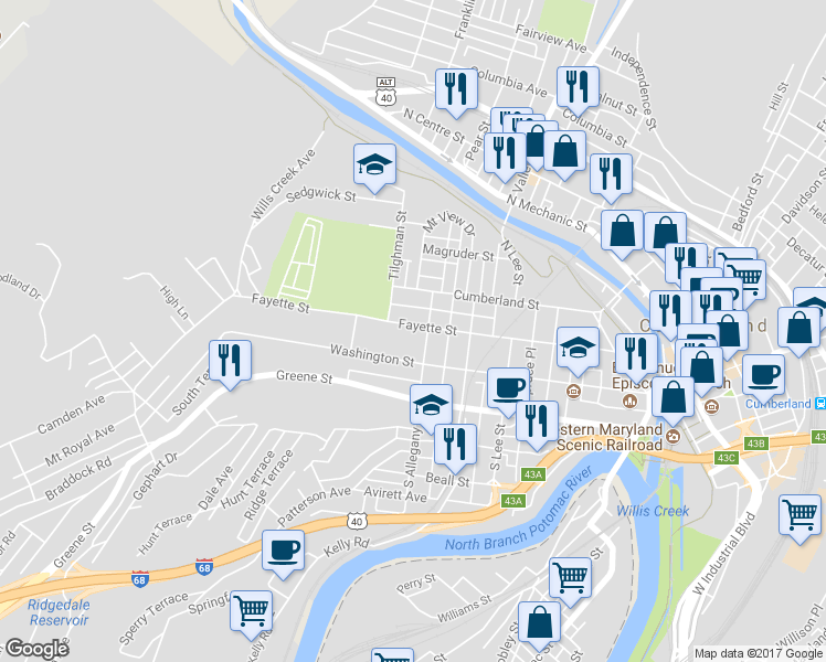 map of restaurants, bars, coffee shops, grocery stores, and more near 506 Fayette Street in Cumberland