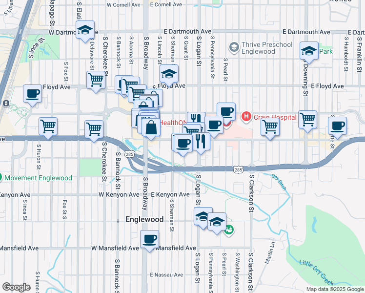 map of restaurants, bars, coffee shops, grocery stores, and more near 3500 South Sherman Street in Englewood