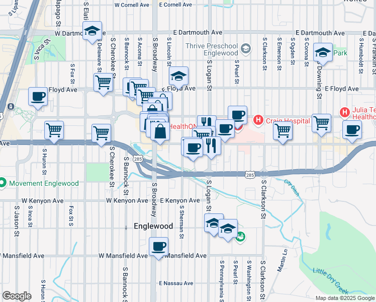 map of restaurants, bars, coffee shops, grocery stores, and more near 3500 South Sherman Street in Englewood