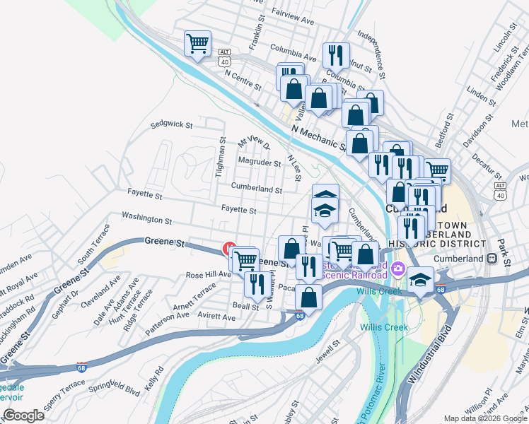 map of restaurants, bars, coffee shops, grocery stores, and more near 320 Fayette Street in Cumberland