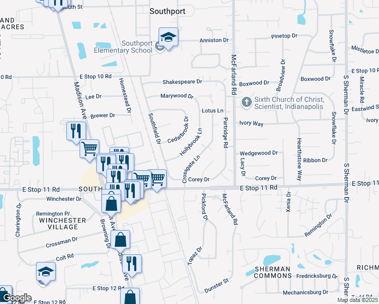 map of restaurants, bars, coffee shops, grocery stores, and more near 7781 Hollybrook Lane in Southport