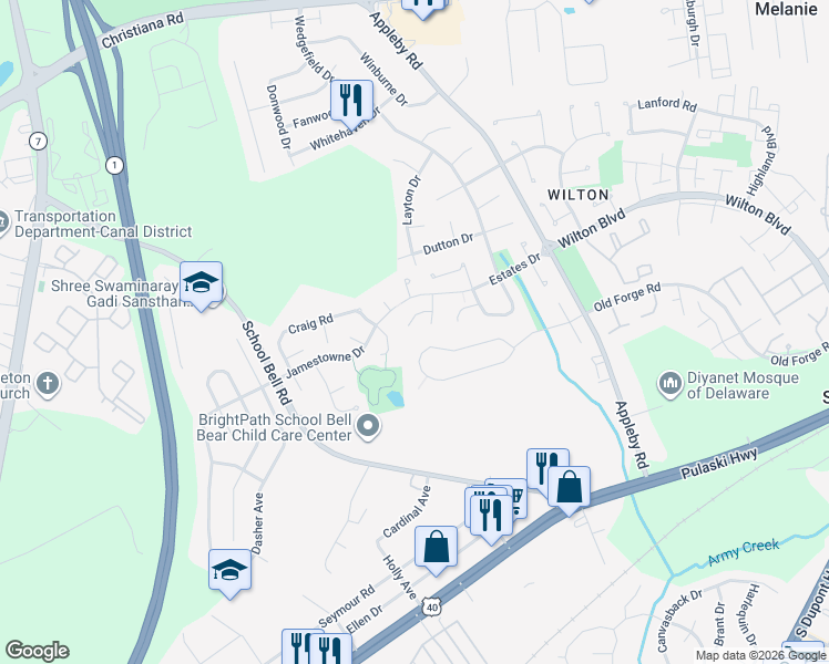 map of restaurants, bars, coffee shops, grocery stores, and more near 13 Wedgefield Court in New Castle