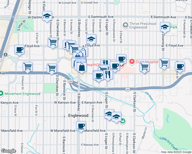 map of restaurants, bars, coffee shops, grocery stores, and more near 3500 South Sherman Street in Englewood