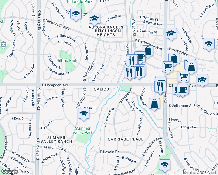 map of restaurants, bars, coffee shops, grocery stores, and more near 3503A South Telluride Circle in Aurora
