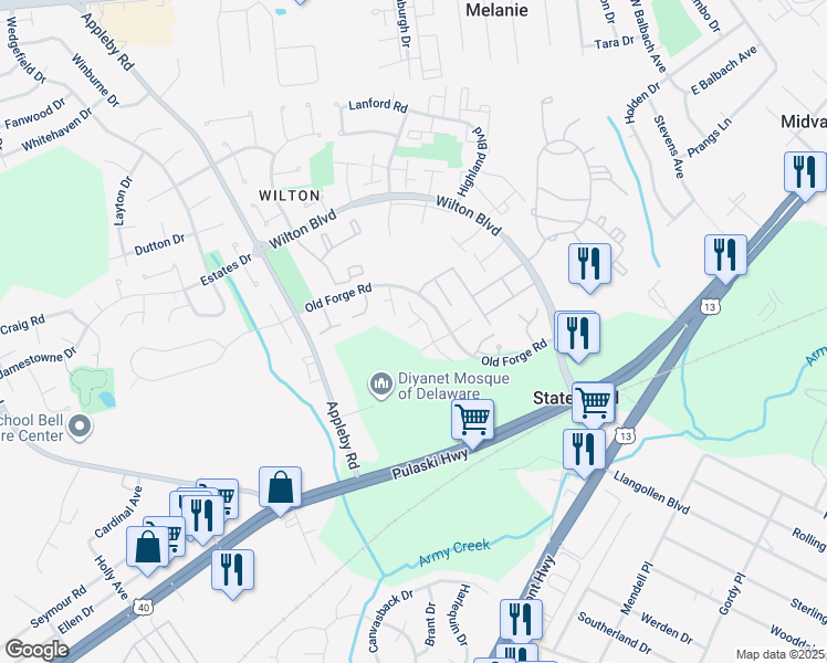 map of restaurants, bars, coffee shops, grocery stores, and more near 9 Brian Court in New Castle