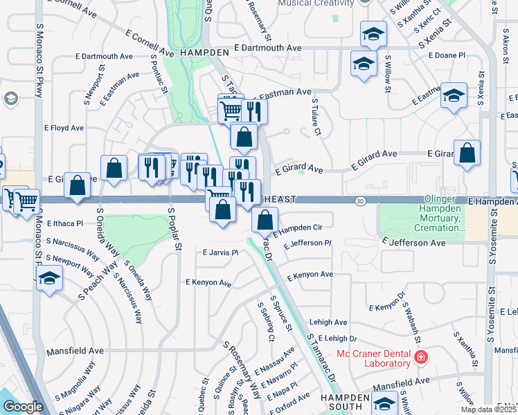 map of restaurants, bars, coffee shops, grocery stores, and more near in Denver