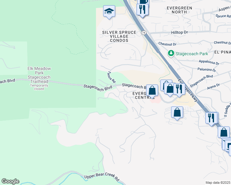 map of restaurants, bars, coffee shops, grocery stores, and more near 31286 Silverleaf Oak in Evergreen