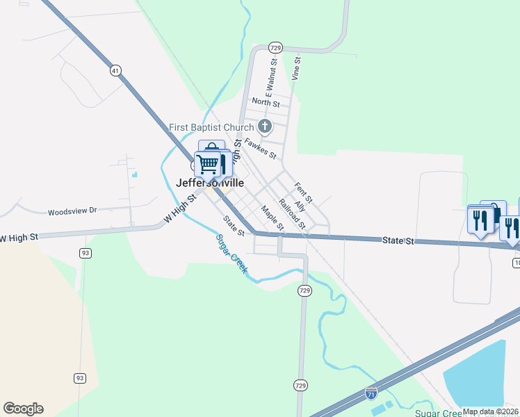 map of restaurants, bars, coffee shops, grocery stores, and more near 21 Maple Street in Jeffersonville