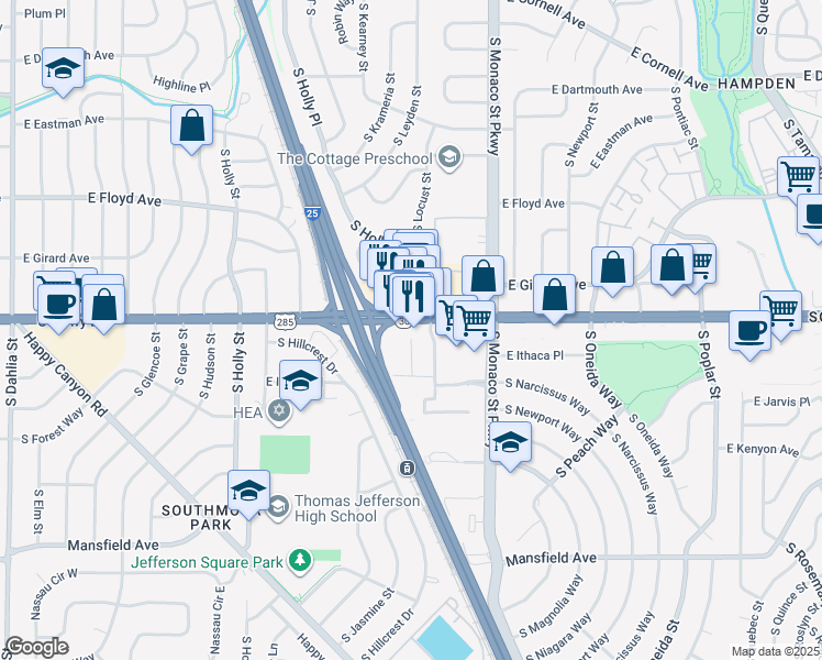 map of restaurants, bars, coffee shops, grocery stores, and more near 6302 East Hampden Avenue in Denver