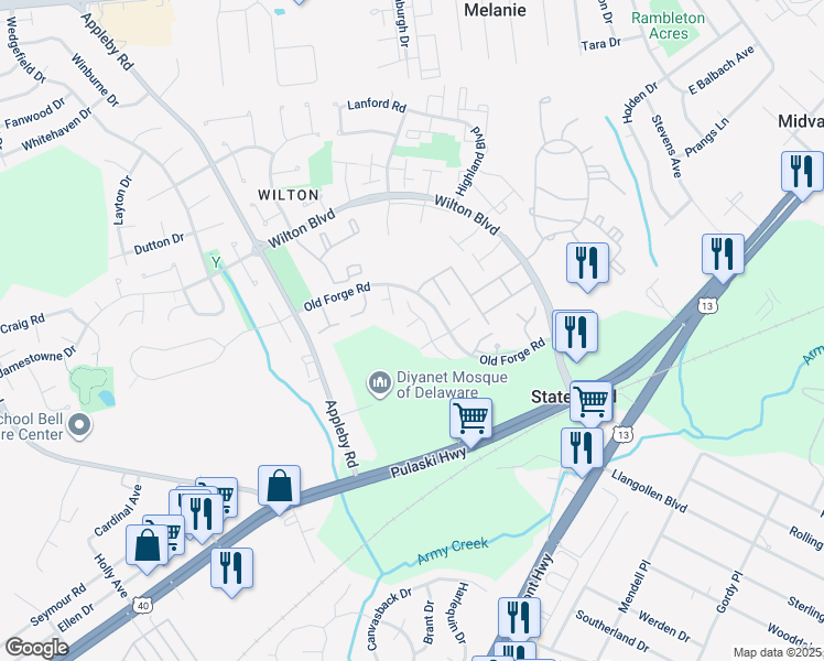 map of restaurants, bars, coffee shops, grocery stores, and more near 9 Brian Court in New Castle