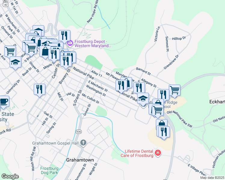map of restaurants, bars, coffee shops, grocery stores, and more near 277 East Main Street in Frostburg