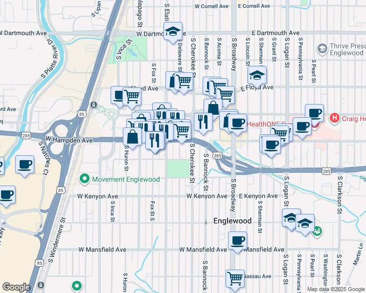 map of restaurants, bars, coffee shops, grocery stores, and more near 3536 South Delaware Street in Englewood
