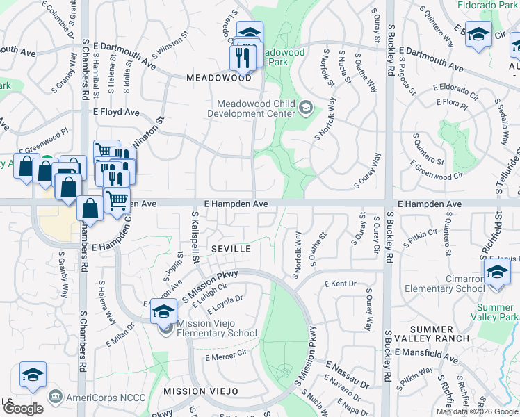 map of restaurants, bars, coffee shops, grocery stores, and more near 3530 South Lewiston Way in Aurora