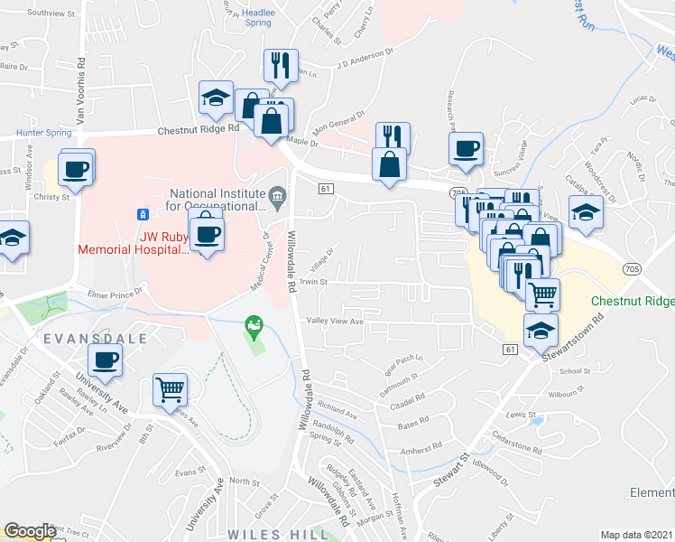 map of restaurants, bars, coffee shops, grocery stores, and more near 985 Irwin Street in Morgantown