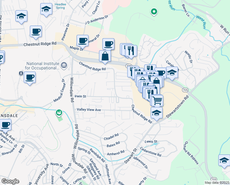 map of restaurants, bars, coffee shops, grocery stores, and more near in Morgantown
