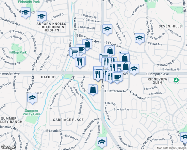 map of restaurants, bars, coffee shops, grocery stores, and more near 3510 South Zeno Court in Aurora