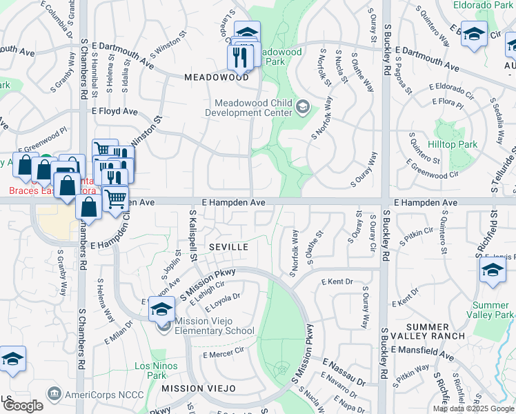 map of restaurants, bars, coffee shops, grocery stores, and more near 3530 South Lewiston Way in Aurora
