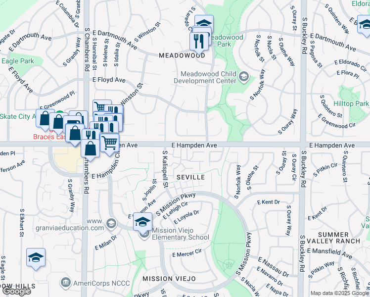 map of restaurants, bars, coffee shops, grocery stores, and more near 3511A South Kittredge Street in Aurora