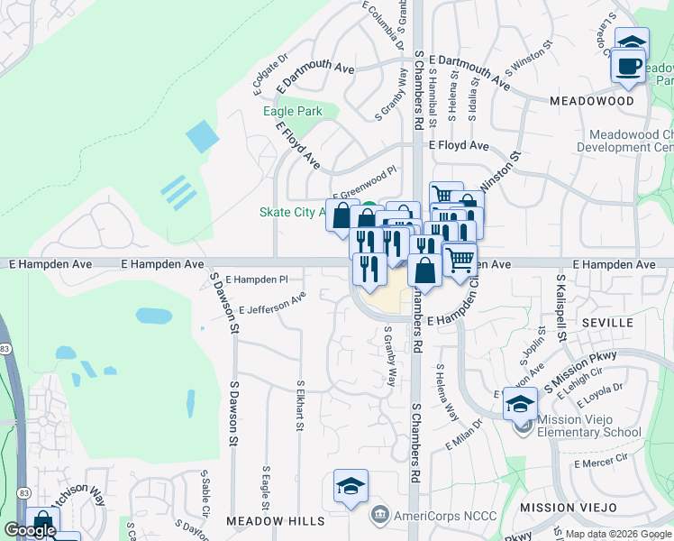 map of restaurants, bars, coffee shops, grocery stores, and more near 14934 East Hampden Circle in Aurora