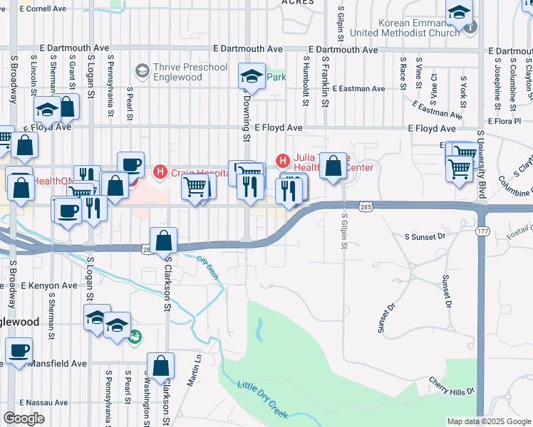 map of restaurants, bars, coffee shops, grocery stores, and more near 3540 South Downing Street in Englewood