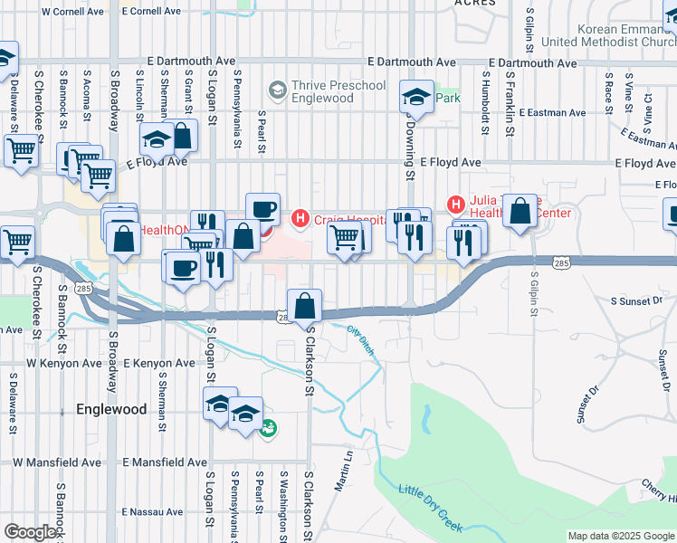 map of restaurants, bars, coffee shops, grocery stores, and more near 3533 South Emerson Street in Englewood
