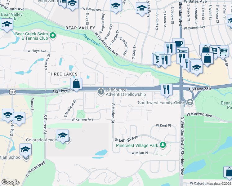 map of restaurants, bars, coffee shops, grocery stores, and more near 3550 South Harlan Street in Denver